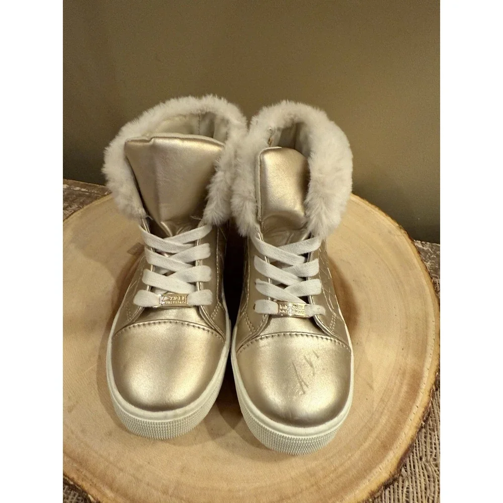 Michael Kors Poloma Fluff Sneaker Gold Boots Logo Monogram Fur Trim Girls‎ Sz-13